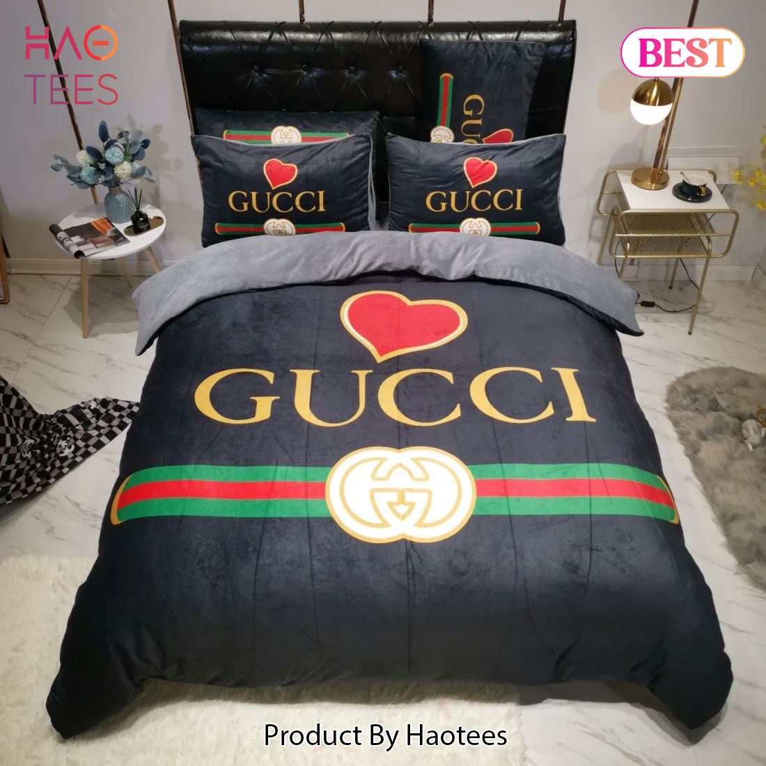 [SALE] Gucci Heart Black Luxury Brand Premium Bedding Set Duvet Cover Home Decor Luxury Store