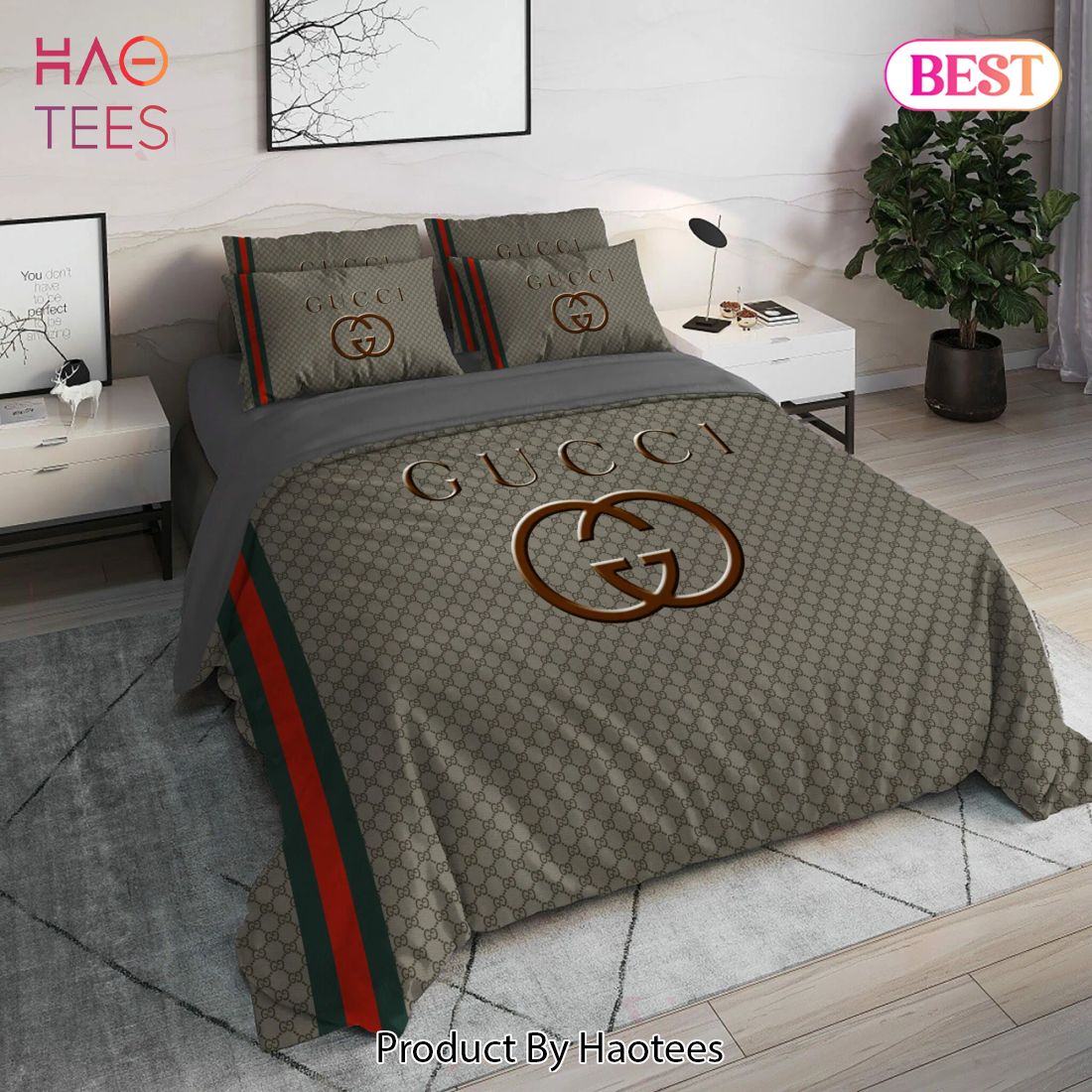 [SALE] Gucci Khaki Luxury Brand High End Premium Bedding Set Home Decor Luxury Store