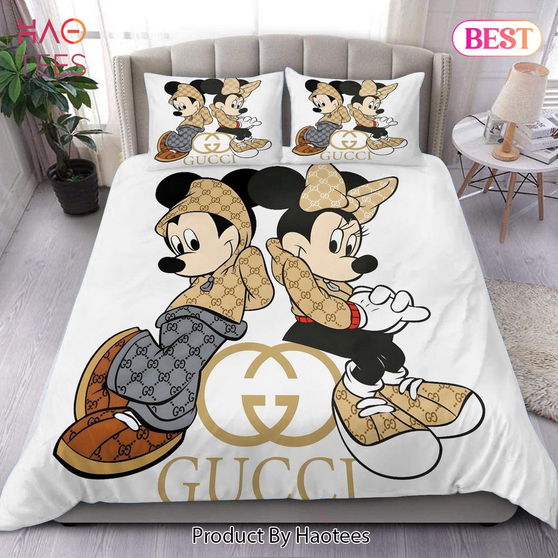 [SALE] Gucci Mickey Couple Logo Luxury Brand Bedding Set Home Decor Luxury Store