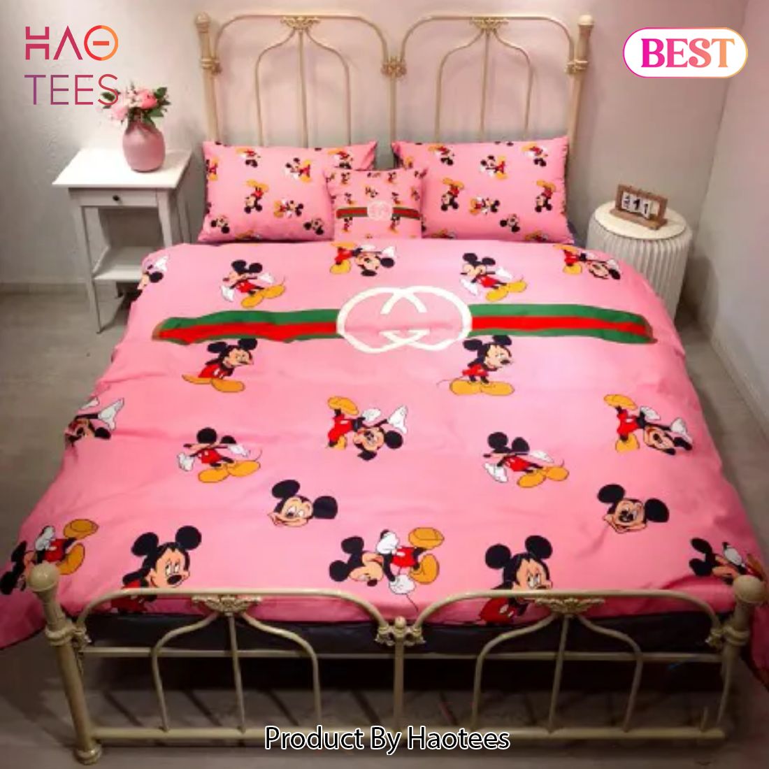 [SALE] Gucci Micky Mouse Pink Luxury Brand Bedding Set Bedspread Duvet Cover Set Home Decor Luxury Store