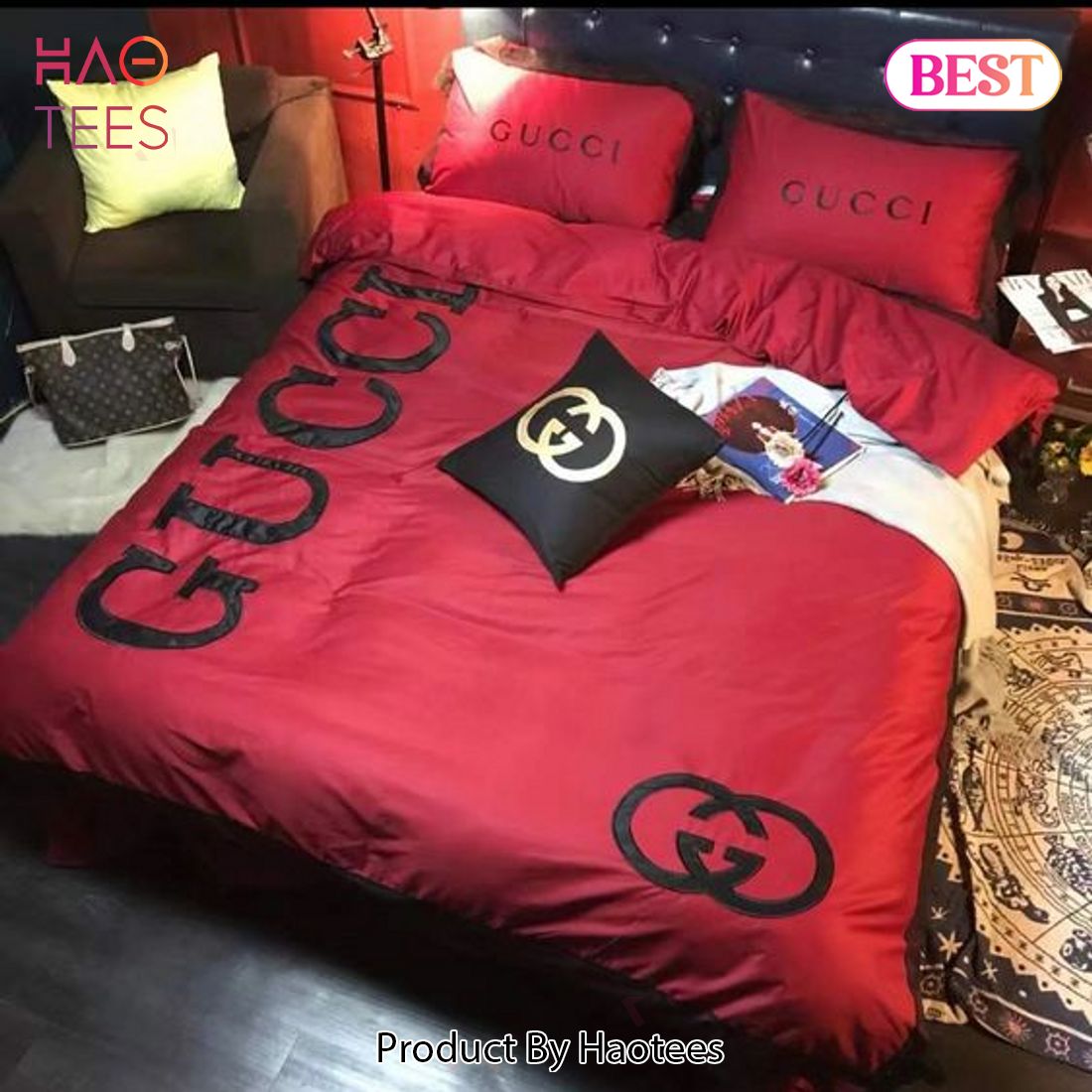 [SALE] Gucci Red Logo Luxury Brand Bedding Set Home Decor Luxury Store