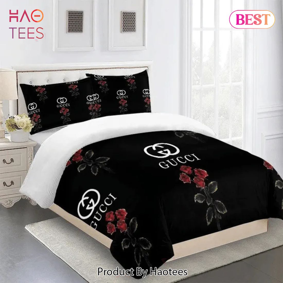 [SALE] Gucci Roses Black Luxury Brand Premium Bedding Set Duvet Cover Home Decor Luxury Store