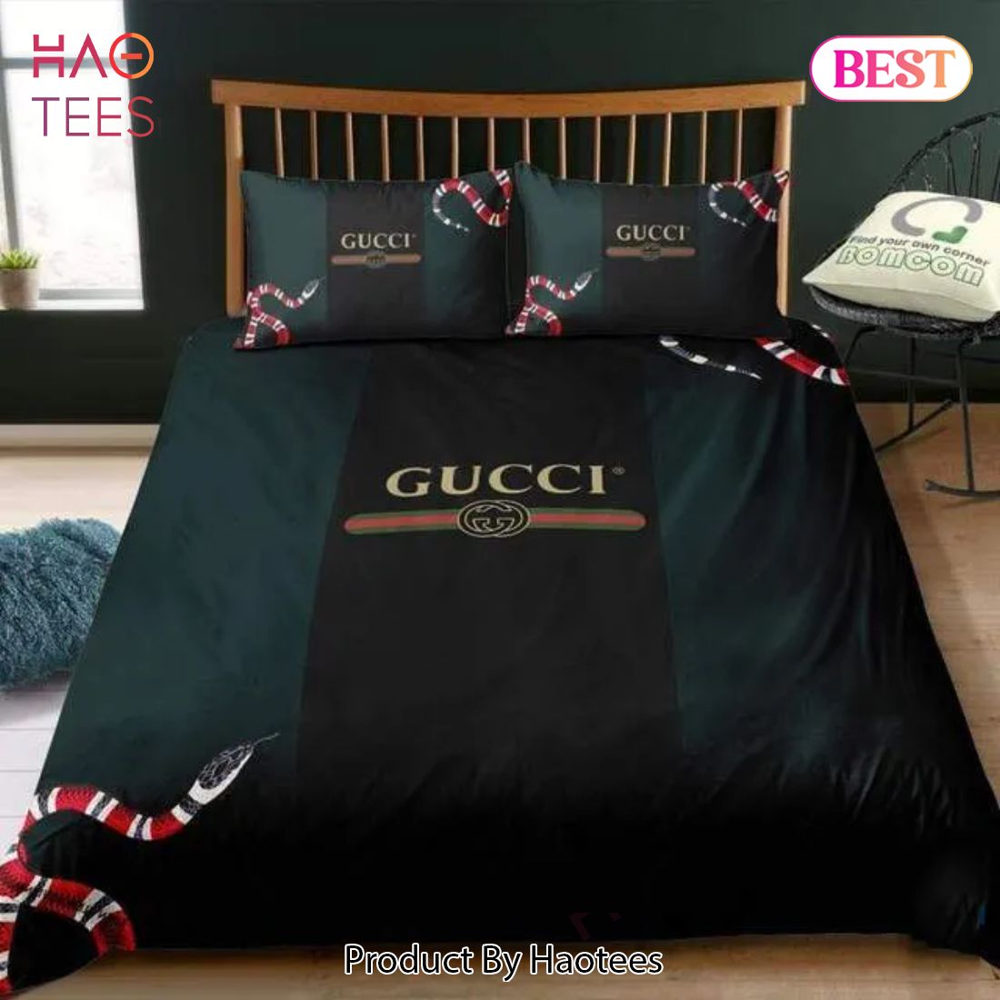 [SALE] Gucci Snake Black Green Luxury Brand Bedding Set Bedspread Duvet Cover Set Home Decor Luxury Store