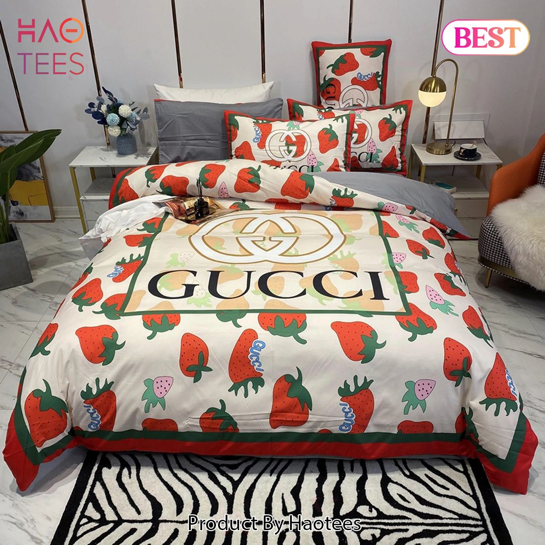 [SALE] Gucci Strawberry Fashion Logo Luxury Brand Bedding Set Home Decor Luxury Store