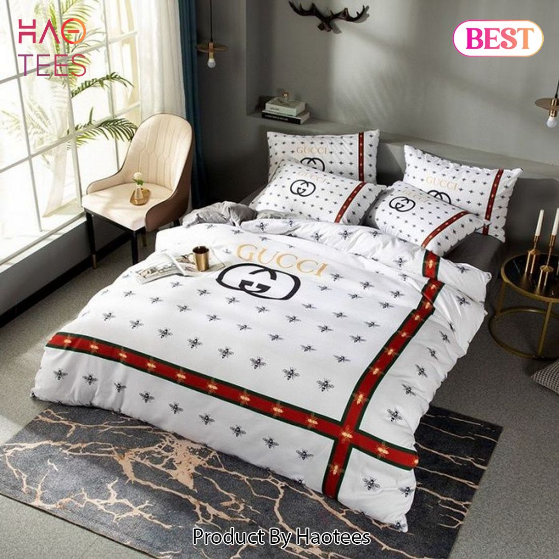 [SALE] Gucci White Bees Fashion Luxury Brand Bedding Set Home Decor Luxury Store