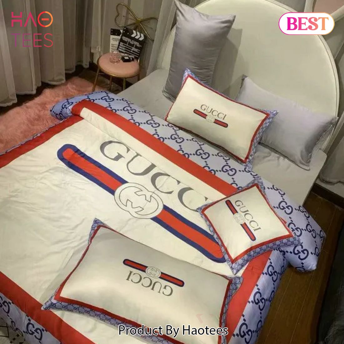 [SALE] Gucci White Violet Luxury Brand Premium Bedding Set Bedspread Duvet Cover Set Home Decor Luxury Store