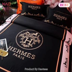 [SALE] Hermes Black Premium Logo Luxury Brand Bedding Set Home Decor