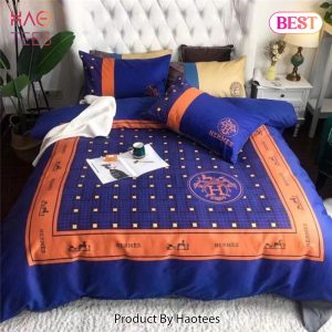 [SALE] Hermes Blue Orange Luxury Brand Premium Bedding Set Bedspread Duvet Cover Set Home Decor