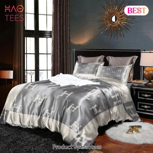 [SALE] Hermes Grey Premium Luxury Brand Bedding Set Duvet Cover Home Decor Special Gift