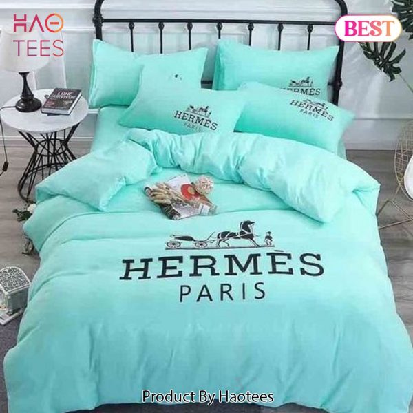 [SALE] Hermes Light Blue Premium Logo Luxury Brand Bedding Set Home Decor