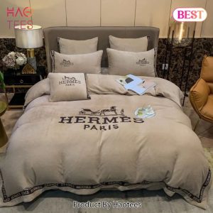 [SALE] Hermes Light Brown Luxury Brand Premium Bedding Set Bedspread Duvet Cover Set Home Decor