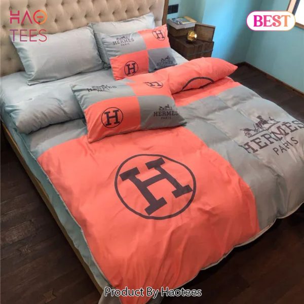 [SALE] Hermes Light Red Grey Luxury Brand Premium Bedding Set Bedspread Duvet Cover Set Home Decor