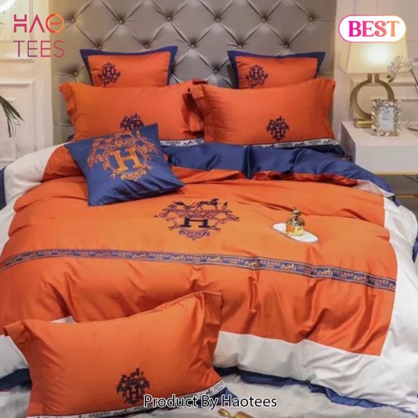 [SALE] Hermes Orange Logo Luxury Brand Bedding Set Duvet Cover Home Decor