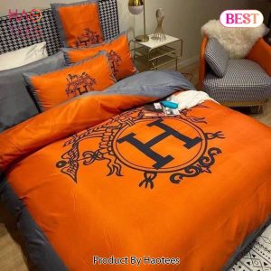 [SALE] Hermes Orange Logo Luxury Brand Bedding Set Home Decor