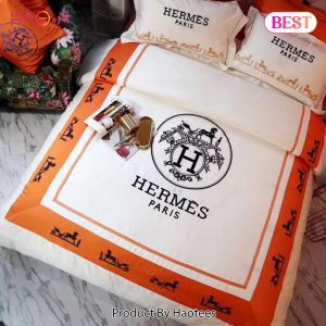 [SALE] Hermes Orange Premium Logo Luxury Brand Bedding Set Home Decor