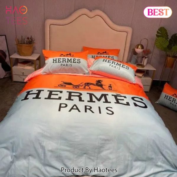 [SALE] Hermes Paris Orange Grey Luxury Brand Premium Bedding Set Bedspread Duvet Cover Set Home Decor