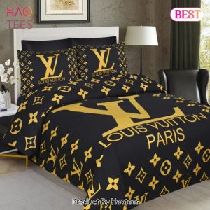 [SALE] Louis Vuiton Black Golden Paris Logo Luxury Brand Bedding Set Home Decor