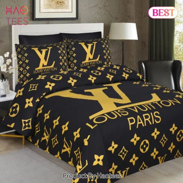 [SALE] Louis Vuiton Black Golden Paris Logo Luxury Brand Bedding Set Home Decor