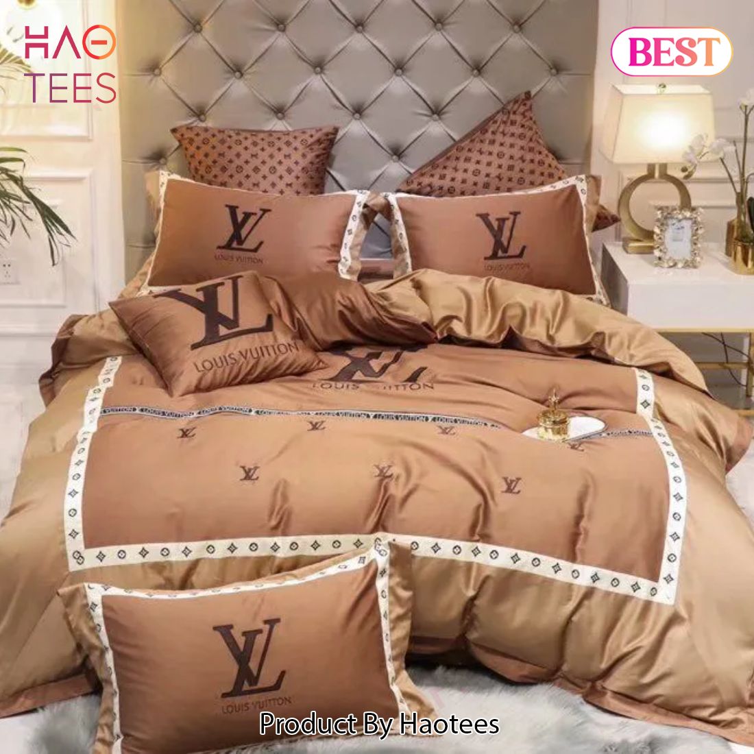 Louis Vuitton Gold Logo Brand Bedding Set Home Decor Bedspread