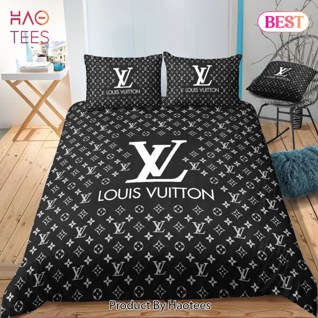 Louis Vuitton Blue And Black Logo Brand Bedding Set Home Decor