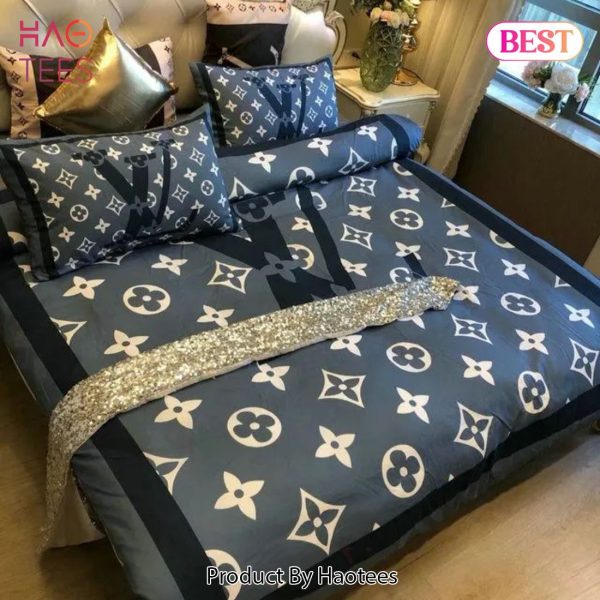 [SALE] Louis Vuitton Blue And Black Logo Brand Bedding Set Bedspread Duvet Cover Set Home Decor