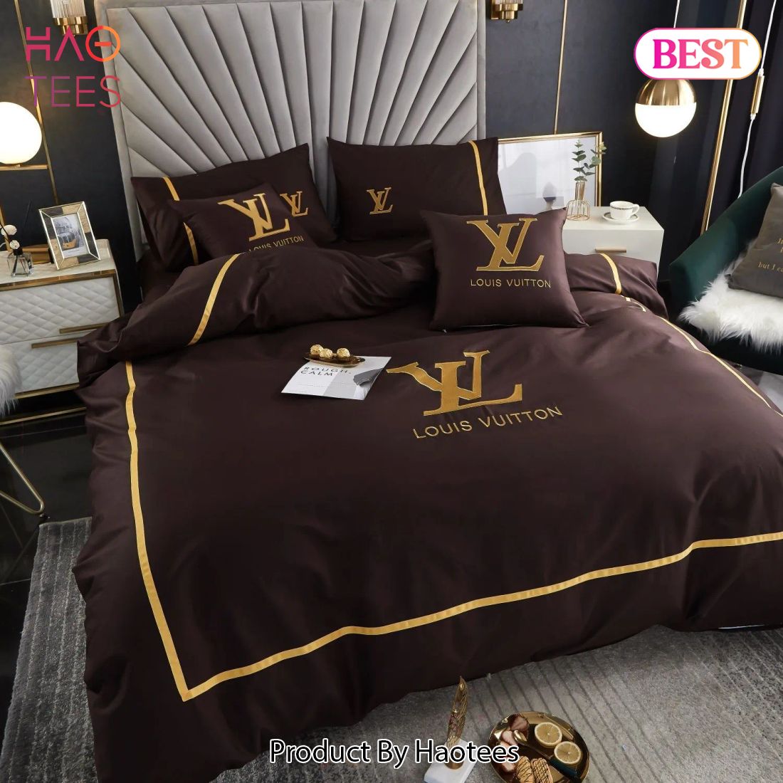 Louis Vuitton Gold Logo Brand Bedding Set Home Decor Bedspread