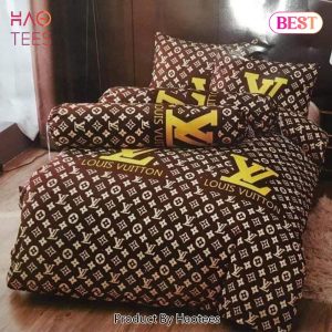 [SALE] Louis Vuitton Brown Golden Logo Luxury Brand Bedding Set Home Decor