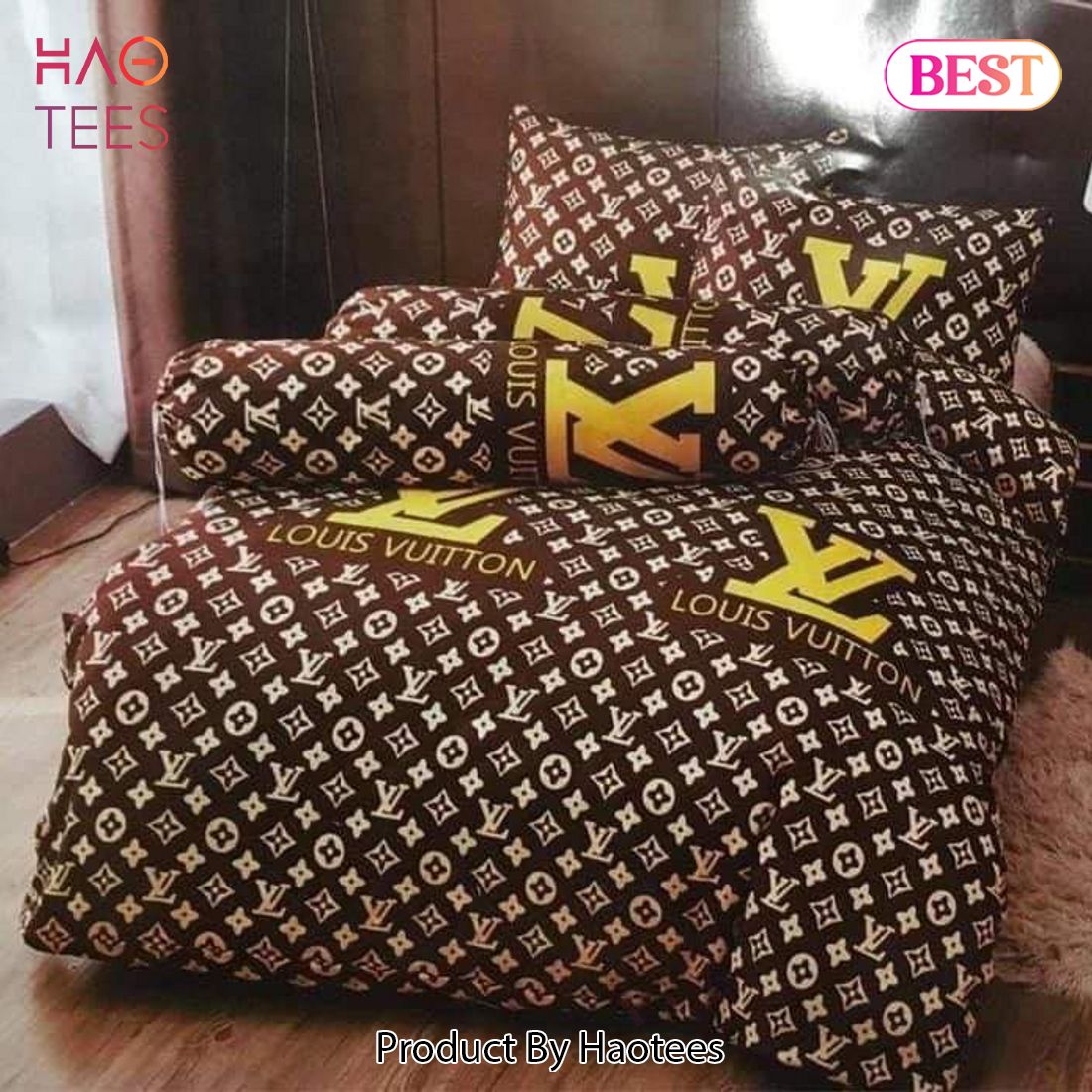 [SALE] Louis Vuitton Brown Golden Logo Luxury Brand Bedding Set Home Decor Luxury Store