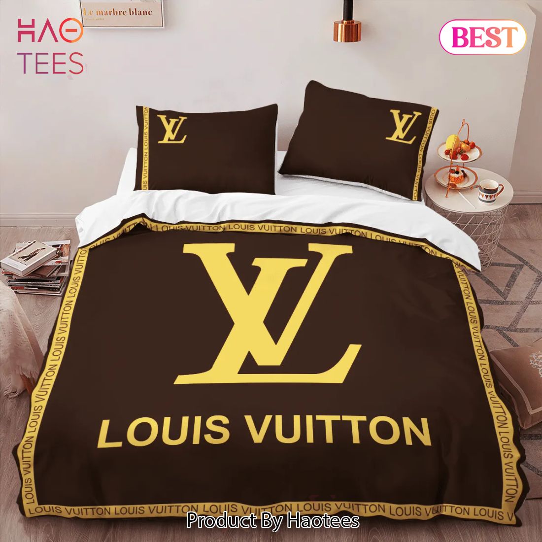 SALE] Louis Vuitton Brown Yellow Logo Premium Luxury Brand High-End Bedding  Set LV Home Decor