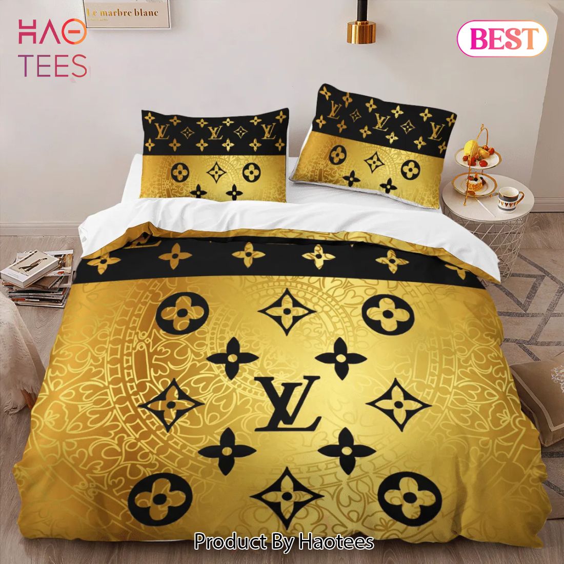 Louis Vuitton Gold Logo Brand Bedding Set Home Decor Bedspread Luxury  Bedroom, by SuperHyp Store
