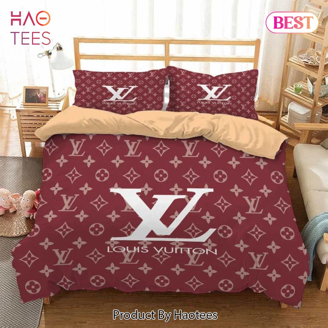 [SALE] Louis Vuitton Red Fashion Logo Luxury Brand Premium Bedding Set Home Decor Luxury Store