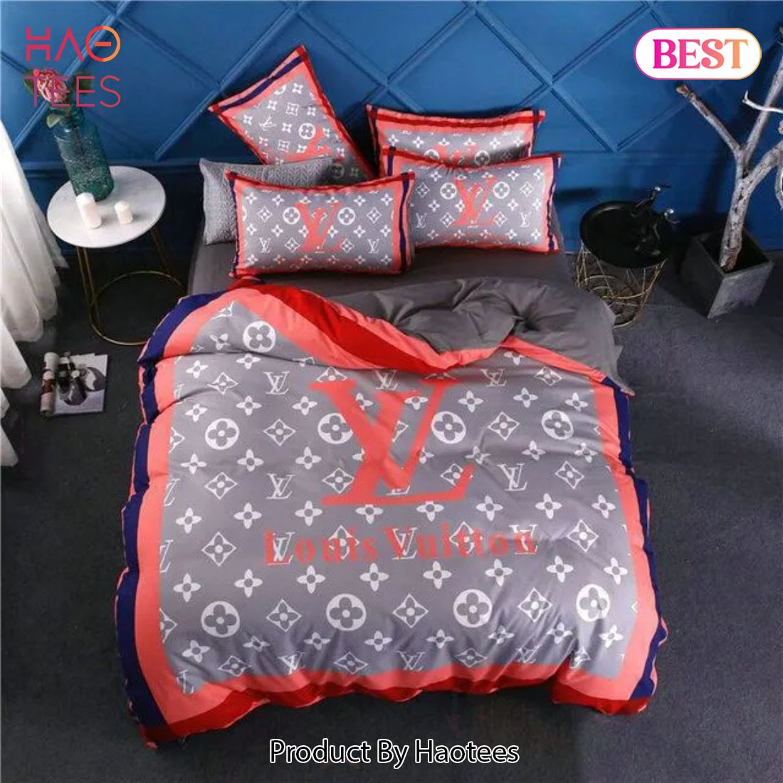 [SALE] Louis Vuitton Red Logo Grey Luxury Brand Premium Bedding Set Duvet Cover Home Decor Luxury Store