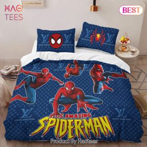 [SALE] Louis Vuitton Spider Man Blue Logo Luxury Brand High-End Bedding Set LV Home Decor