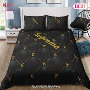 [SALE] Louis Vuitton Supreme Black Luxury Brand Bedding Set Bedspread Duvet Cover Set Home Decor