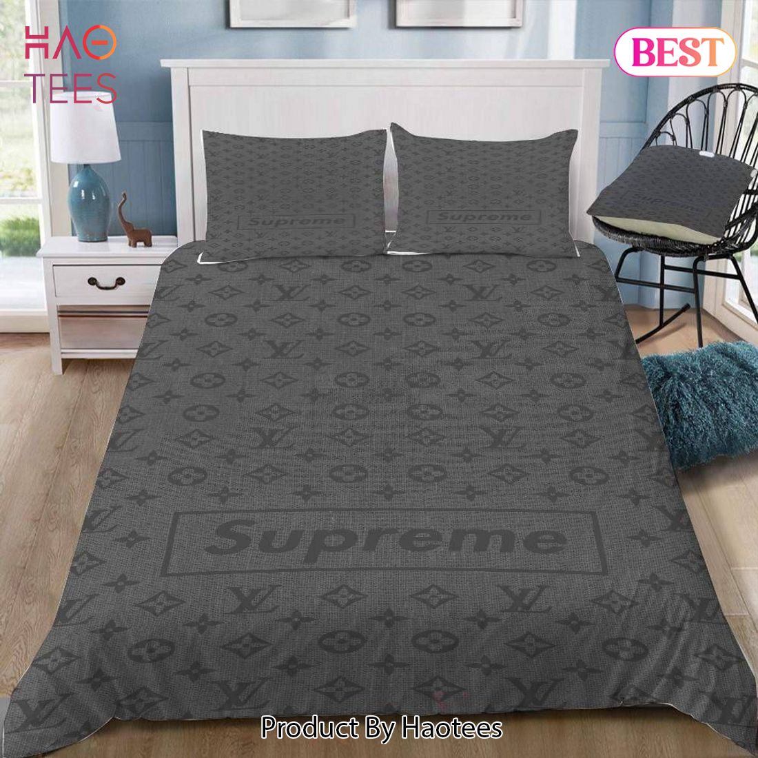 [SALE] Louis Vuitton Supreme Grey Luxury Brand Logo Premium Bedding Set Home Decor Luxury Store