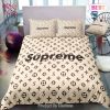 [SALE] Louis Vuitton Supreme Light Grey Luxury Brand Logo Premium Bedding Set Home Decor