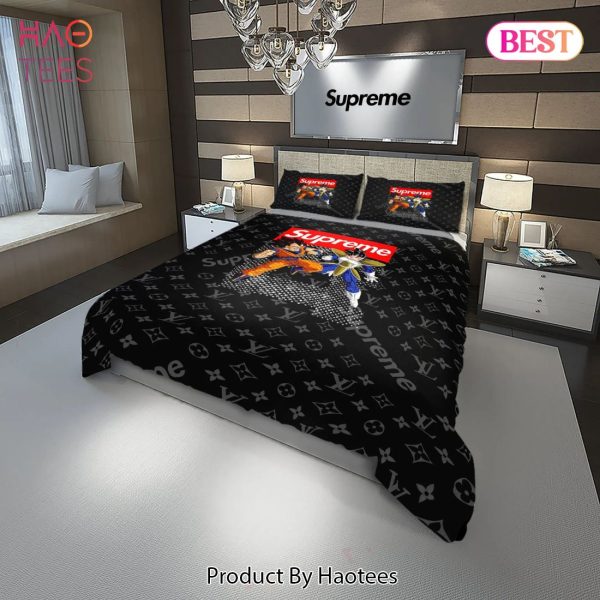[SALE] Louis Vuitton Supreme Luxury Goku Vegeta Dragonball French Fashion Bedding Sets Duvet Cover Bedroom Sets Bedset