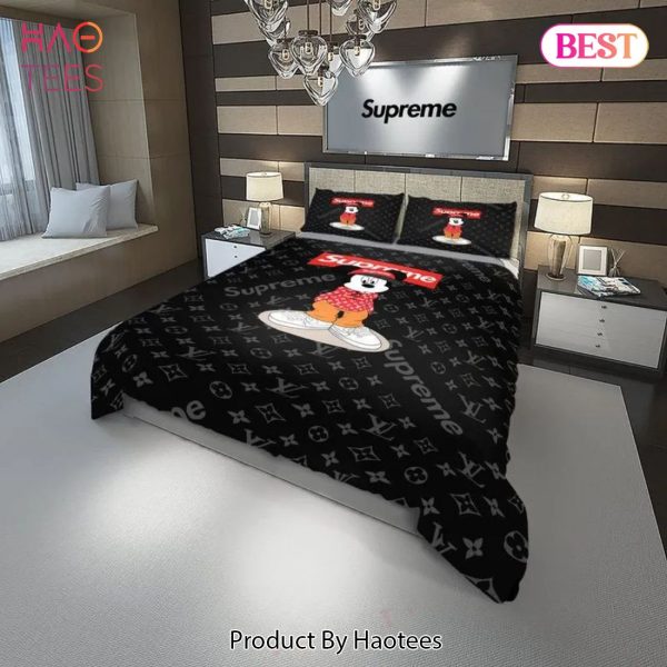 [SALE] Louis Vuitton Supreme Luxury Mickey French Fashion Bedding Sets Duvet Cover Bedroom Sets Bedset