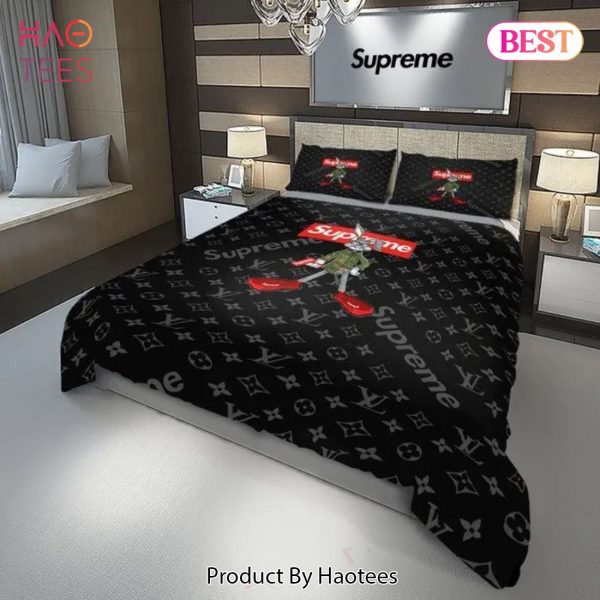 [SALE] Louis Vuitton Supreme Rabbit Black Luxury Brand Bedding Set Duvet Cover Home Decor Special Gift