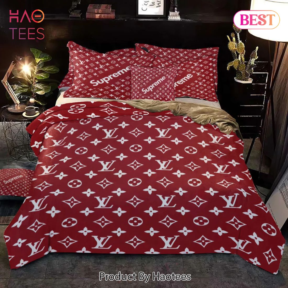 [SALE] Louis Vuitton Supreme Red Fashion Logo Luxury Brand Premium Bedding Set Home Decor Luxury Store