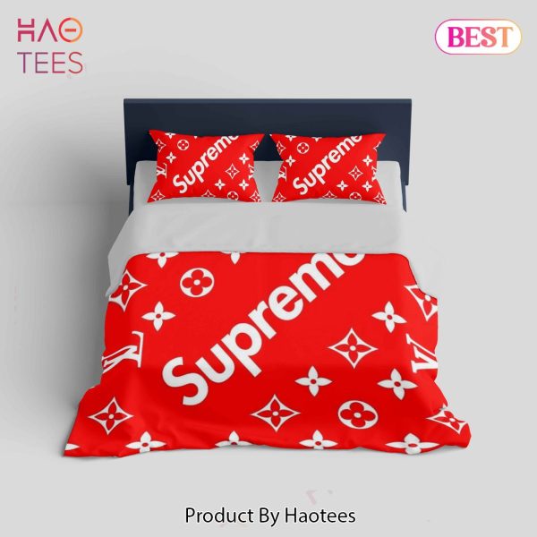 [SALE] Louis Vuitton Supreme Red Logo Fashion Luxury Brand Premium Bedding Set Home Decor