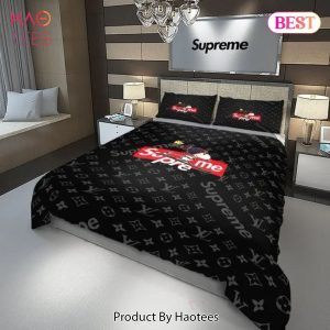 [SALE] Louis Vuitton Supreme Snoopy Skateboard Black Luxury Brand Bedding Set Duvet Cover Home Decor Special Gift