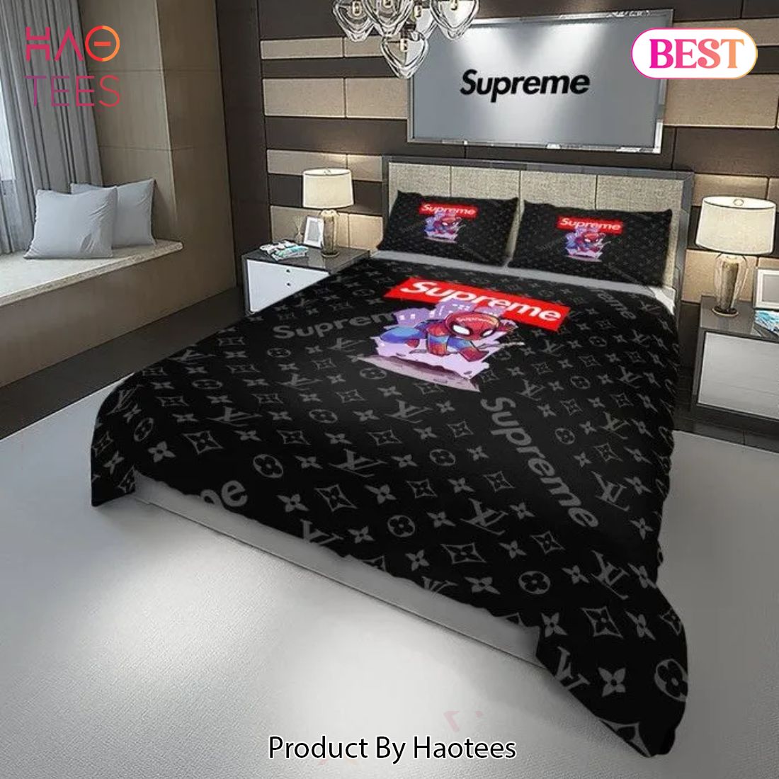 [SALE] Louis Vuitton Supreme Spider Man Black Luxury Brand Bedding Set Duvet Cover Home Decor Special Gift Luxury Store