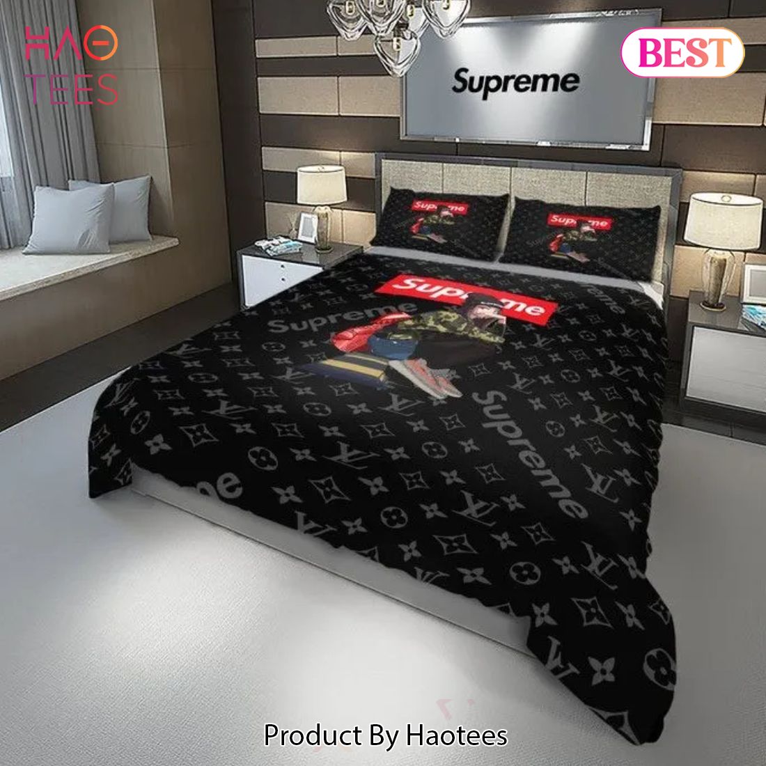 [SALE] Louis Vuitton Supreme Street Lady Black Luxury Brand Bedding Set Duvet Cover Home Decor Special Gift Luxury Store