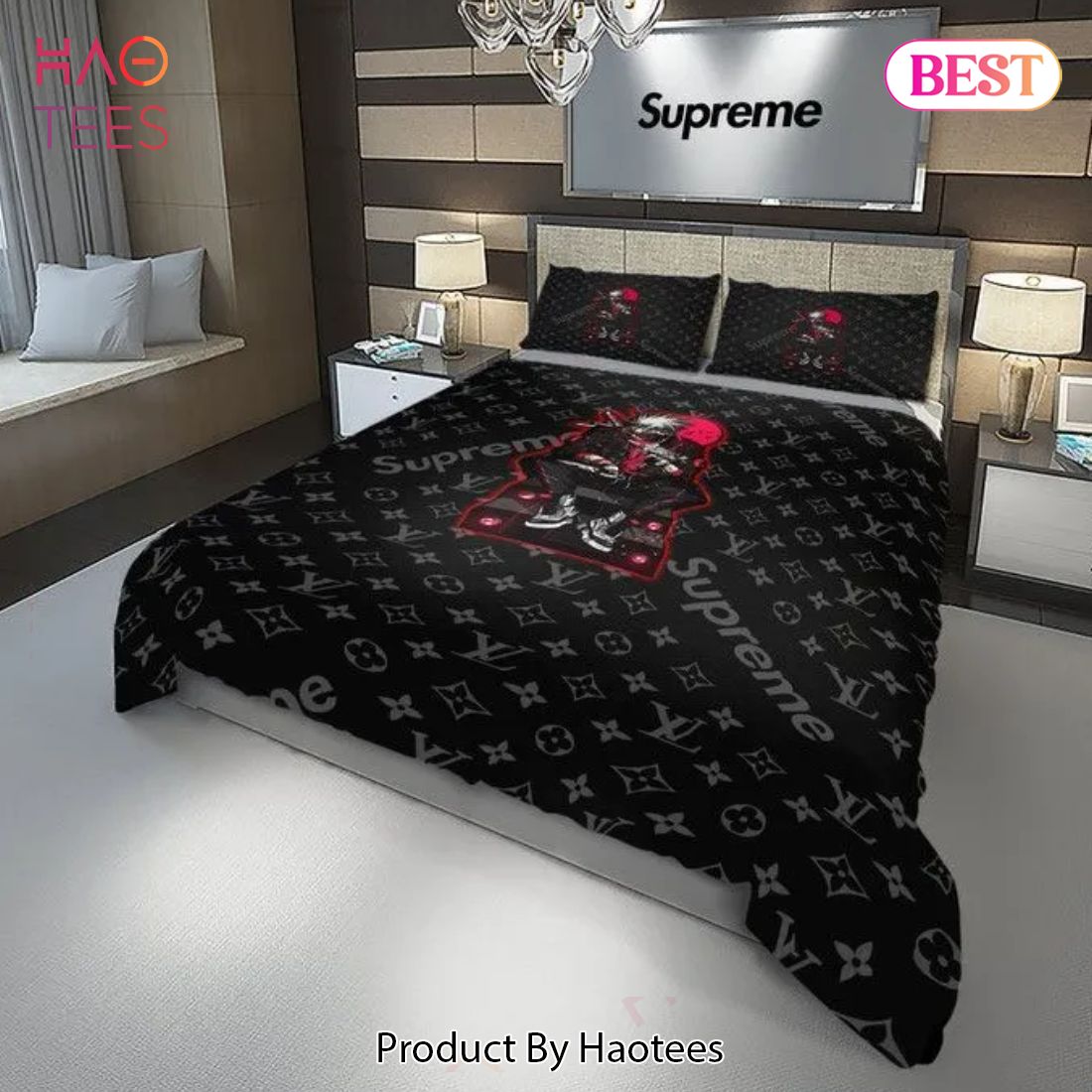 [SALE] Louis Vuitton Supreme Tokyo Ghoul Black Luxury Brand Bedding Set Duvet Cover Home Decor Special Gift Luxury Store