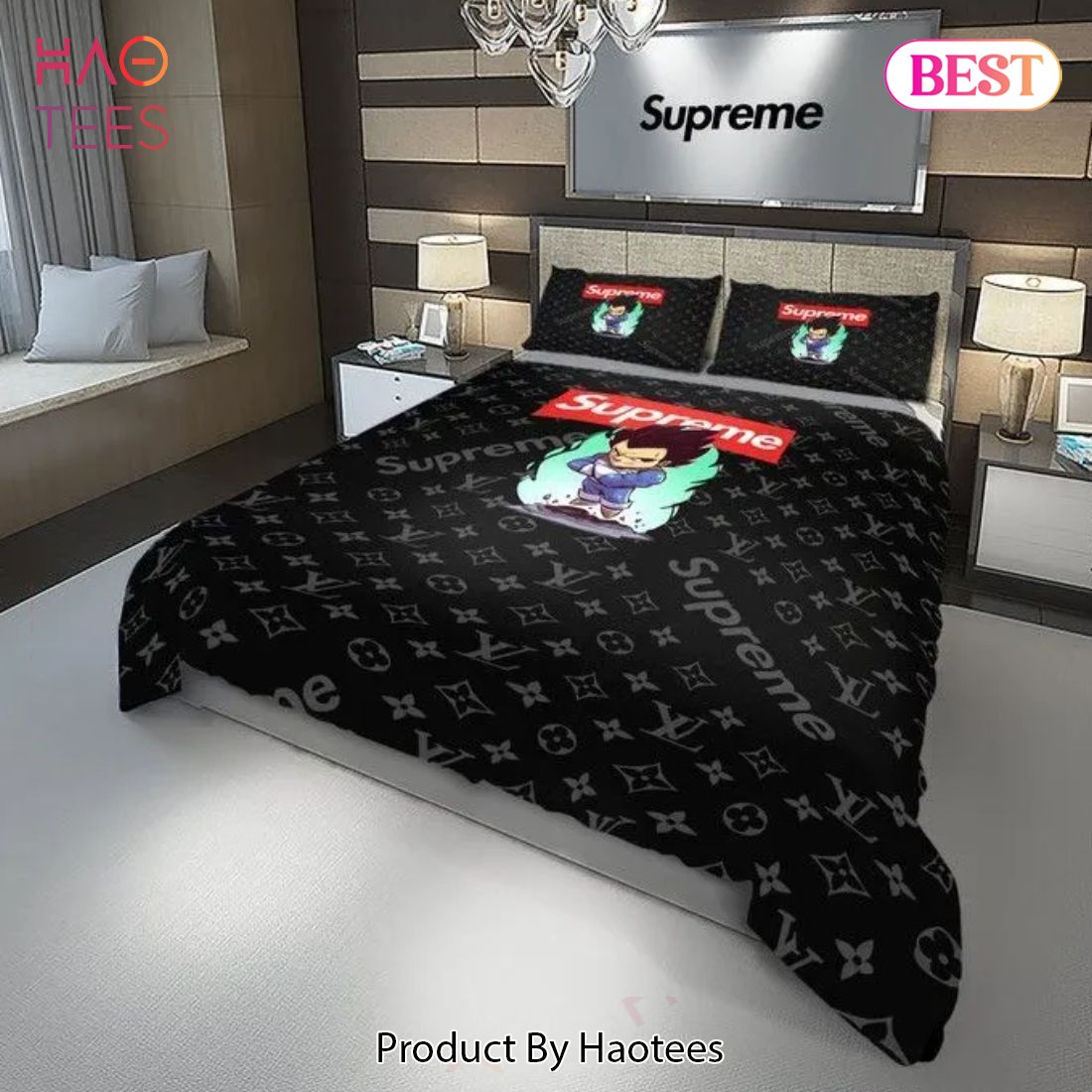 [SALE] Louis Vuitton Supreme Vegeta Dragon Ball Black Luxury Brand Bedding Set Duvet Cover Home Decor Special Gift Luxury Store