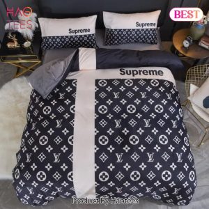 [SALE] Louis Vuitton Supreme White Logo Black Luxury Brand Premium Bedding Set Duvet Cover Home Decor