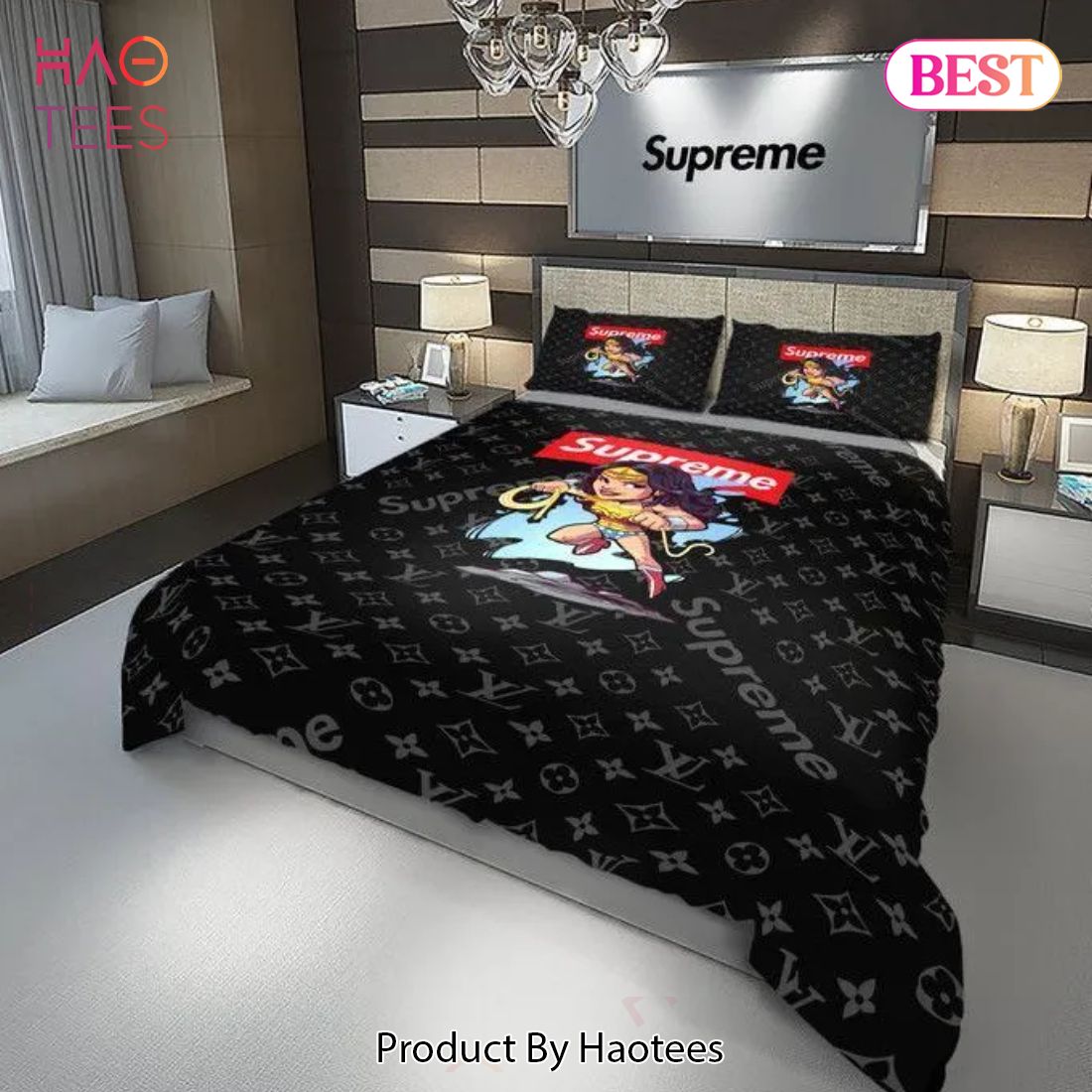 [SALE] Louis Vuitton Supreme Wonder Woman Luxury Brand Bedding Set Duvet Cover Bedspread Home Decor Luxury Store