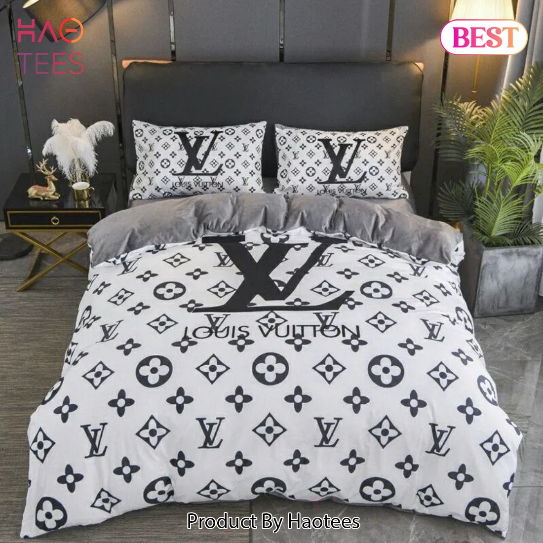 [SALE] Louis Vuitton White Black Logo Brand Bedding Set Bedspread Duvet Cover Set Home Decor Luxury Store