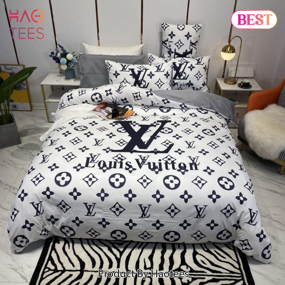 [SALE] Louis Vuitton White Black Logo Brand Bedding Set Bedspread Duvet Cover Set Home Decor Ver2 Luxury Store